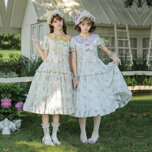 【晴风花夏】withpuji原创设计田园风宽松娃娃领印花op双子lolita