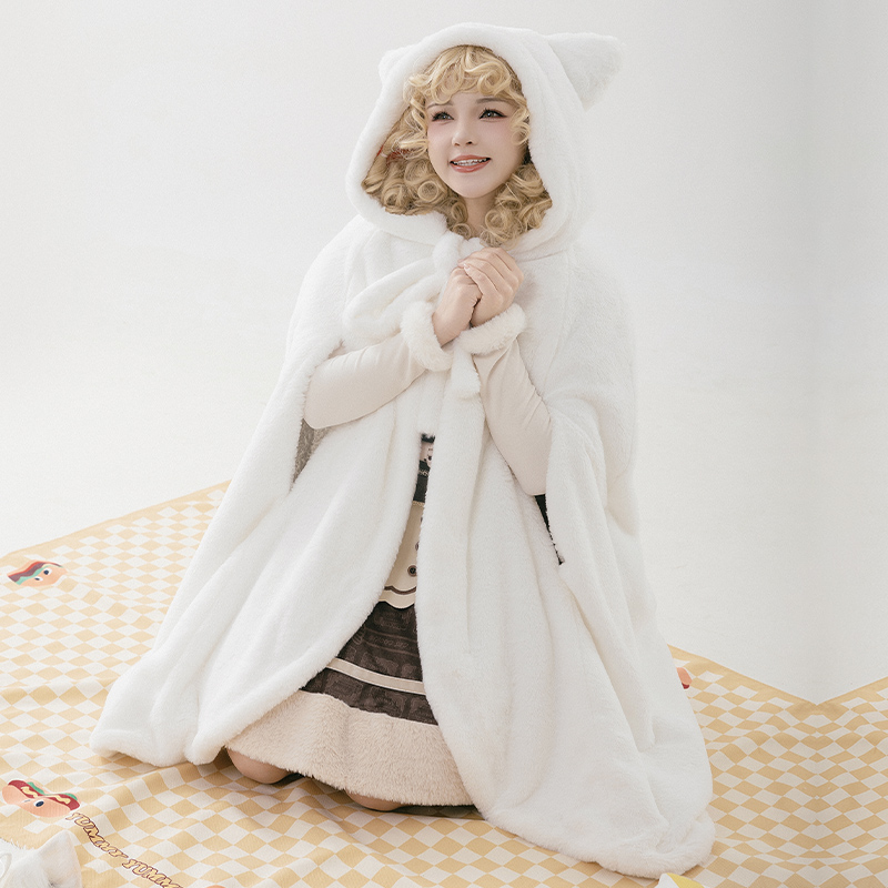 【小喵呜】withpuji原创设计白色猫耳中长连帽斗篷外套保暖lo冬款