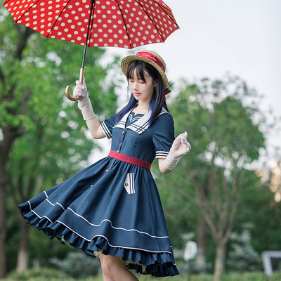 taobao agent [Sunny Sky OP] Withpuji original design blue and white navy wind contrasting design jacket two LO skirt spring