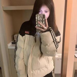 国潮美式条纹羽绒棉服女2024冬小个子大码加厚棉衣面包服夹棉外套
