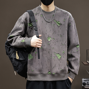 破洞双层假两件卫衣男款秋季2025新款潮流百搭宽松长袖大码上衣男