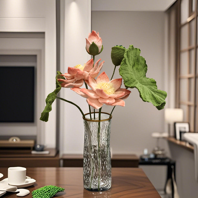 手工diy钩织国风版荷花材料包毛线编织自制莲花摆件装饰仿真花