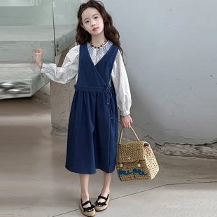 GBUBG 女童2026秋冬季新款牛仔背带长裙套装儿童衬衣两件套中大童