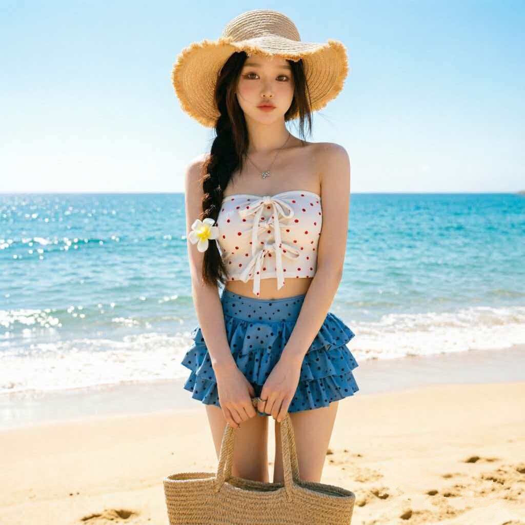 2026新款泳衣女分体两件套裙式仙女范波点蝴蝶结系带抹胸温泉泳装