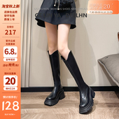 8cm增高厚底骑士靴胖MM显瘦加宽筒围长筒靴女小个子圆头高筒长靴