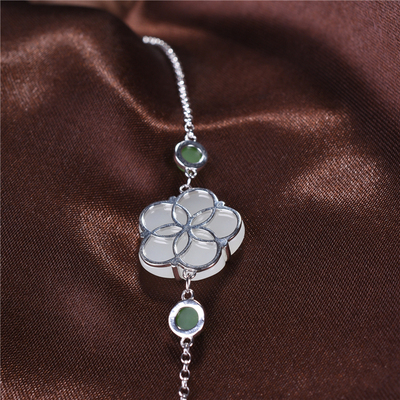 青峰玉业S925银镶玉天然新疆和田玉碧玉手链蛋面手串纯银镶嵌女士