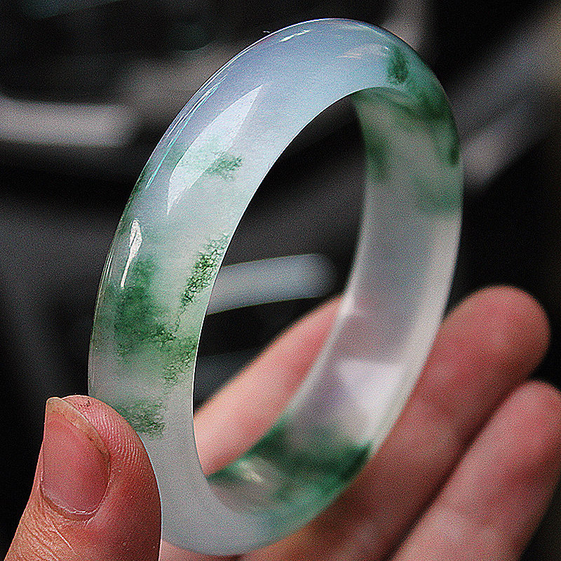 A级飘花玉手镯 玉镯子翡翠色女款玉石玉器 带