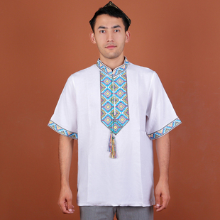 立领带穗宽松休闲服饰维吾尔族绵绸衬衣 款 新疆民族风男士 T恤夏季