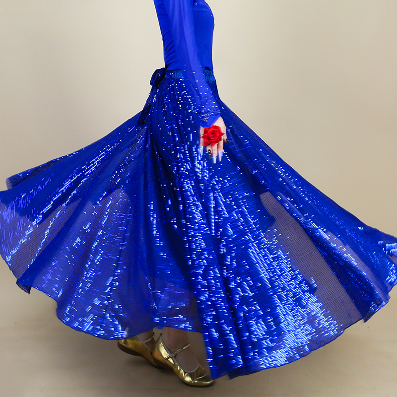 720度蓝色亮片大摆裙维族舞裙
