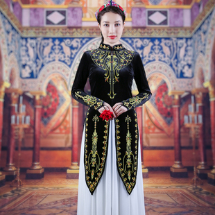 新疆舞蹈演出服女款秋冬季金丝绒绣花高档款维族舞蹈长马甲厚外套