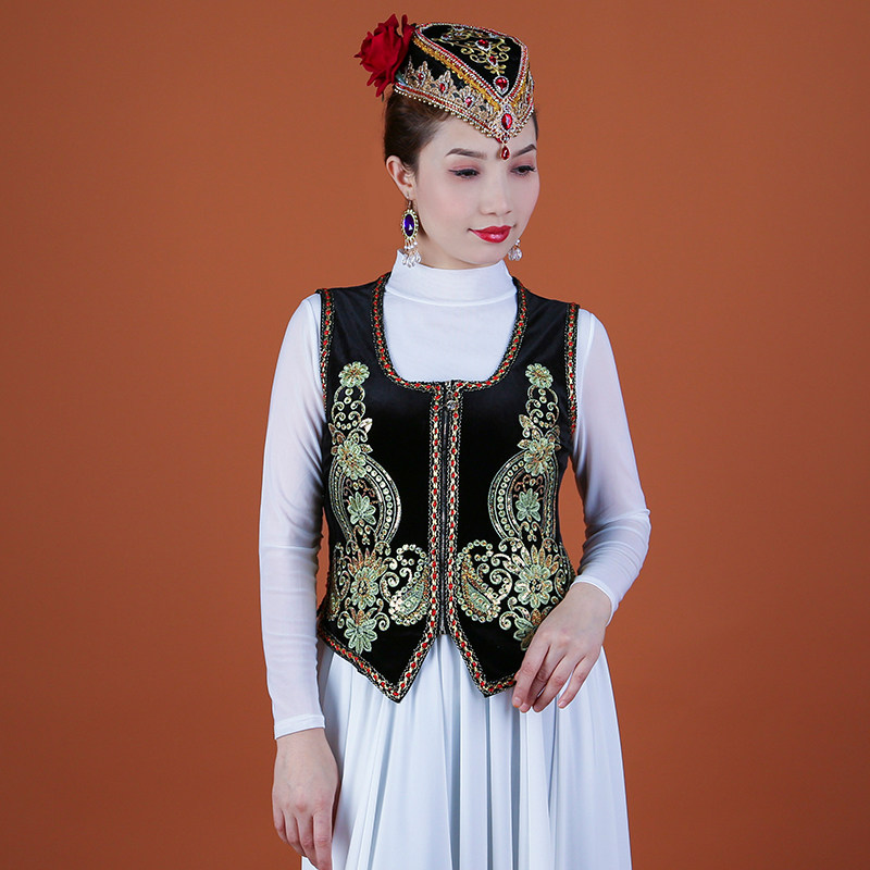 新疆演出服装女秋冬季新款民族风绣花烫钻坎肩广场舞维吾尔族马甲