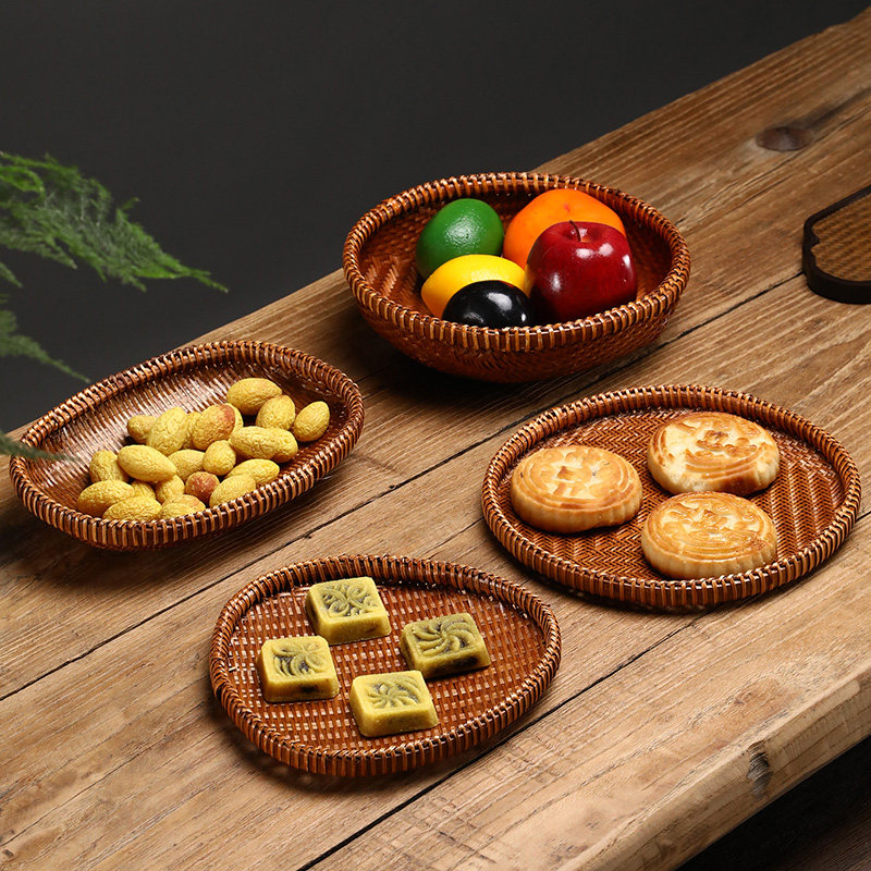 手工竹编收纳盒复古筐大漆无孔圆簸箕水果篮子茶道点心馒头收纳筐