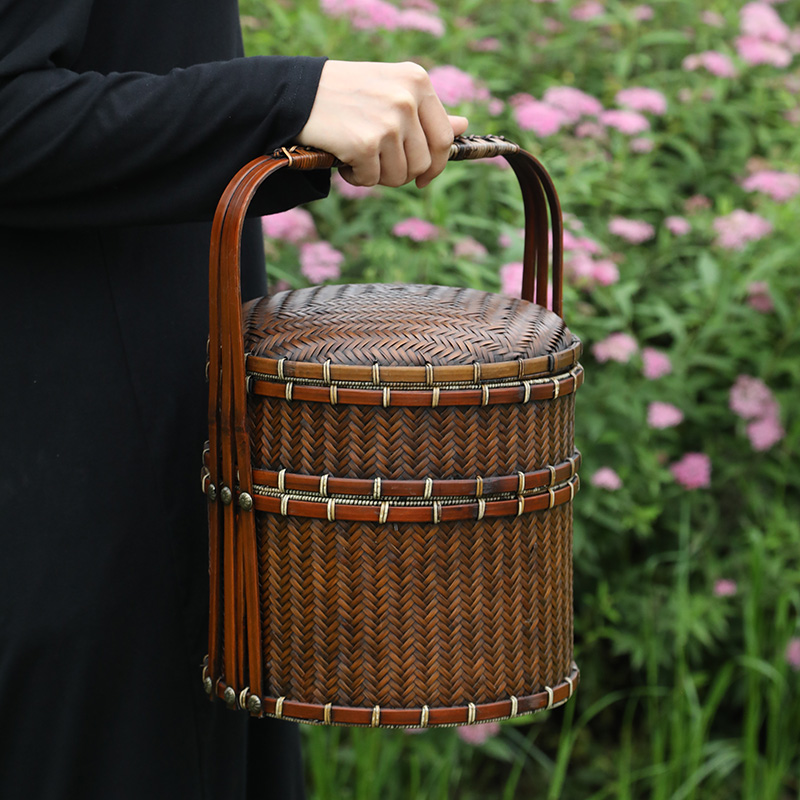 竹编食盒礼盒双层糕点篮中式提篮