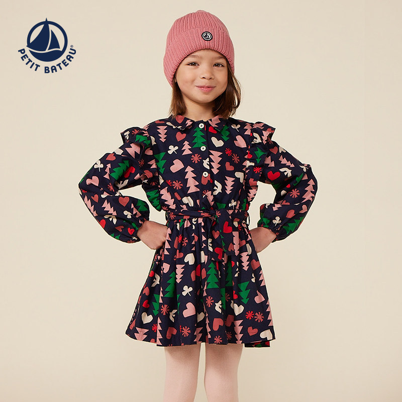 Petitbateau小帆船 秋季法拉绒女童裙子花边连衣裙A0BAY