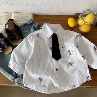 男童宝宝白色领带衬衫儿童春装26新款长袖条纹薄外套女炸街衬衣潮