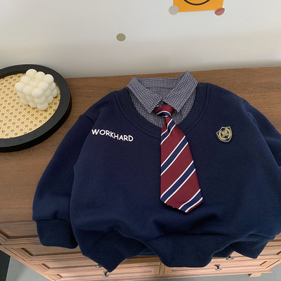 男童气质学院风加绒POLO衫送领带