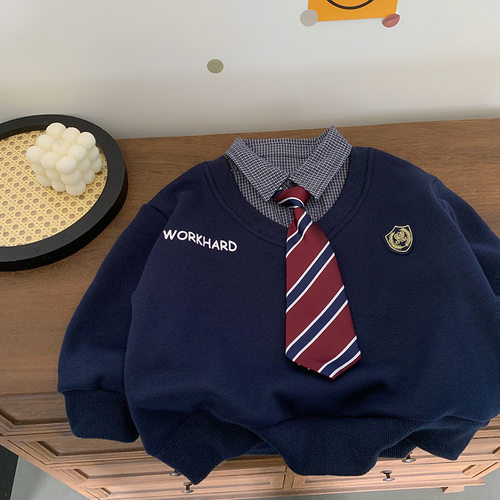 男童气质学院风加绒POLO衫送领带