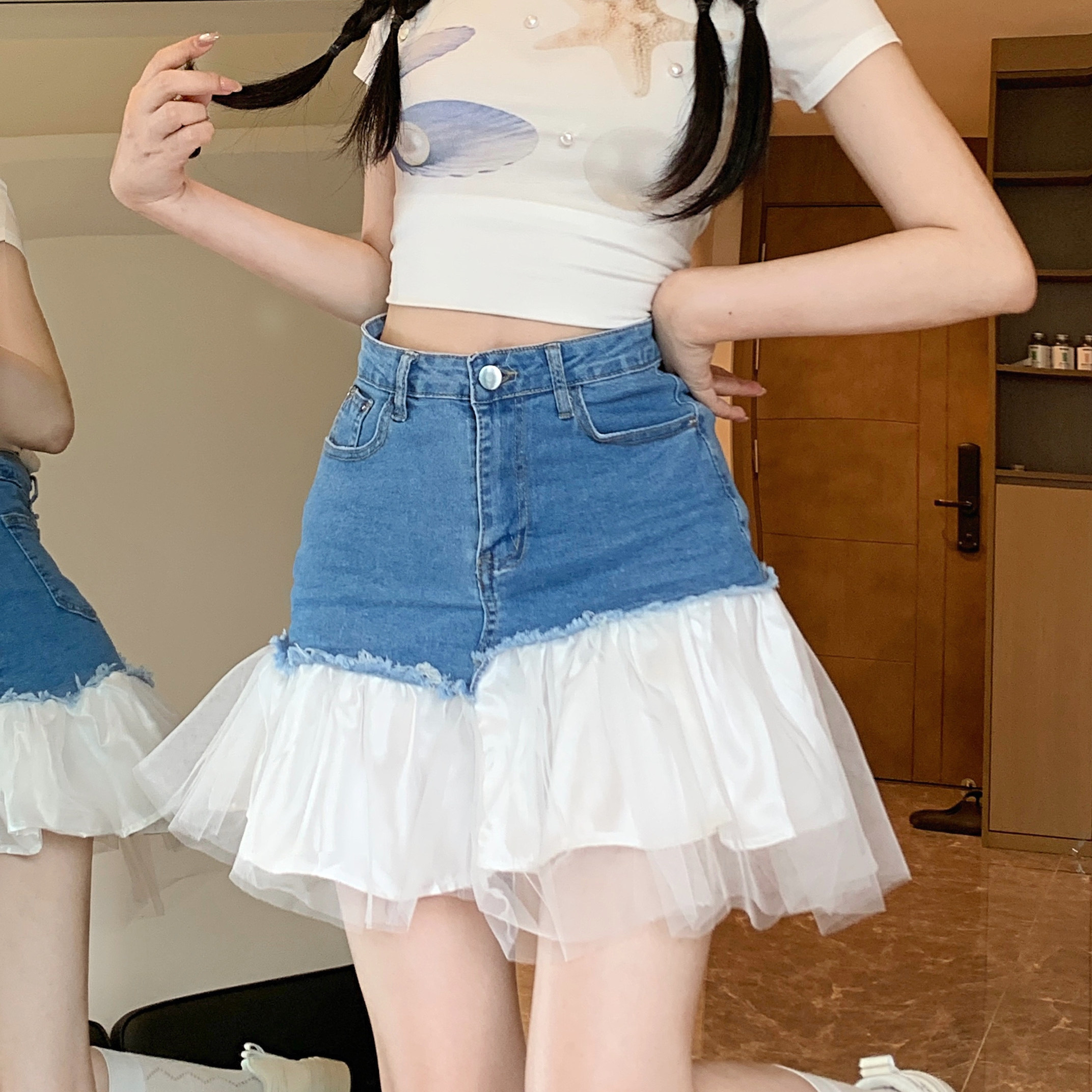 高腰牛仔短裙包臀纱网拼接不规则洋气蓬蓬裙半身裙