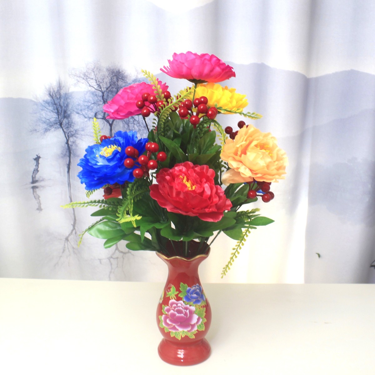 财神供花牡丹假花仙家寺庙供奉花佛前供佛花摆件富贵花客厅
