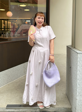 精灵家微胖大码女夏季紫色新中式立领短袖旗袍气质显瘦收腰连衣裙