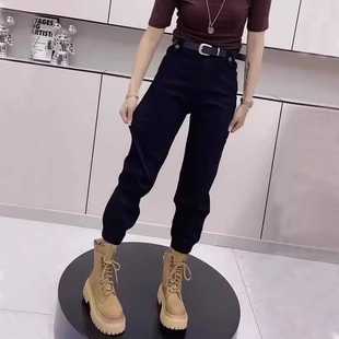 束脚萝卜老爹牛仔裤 高腰显瘦窄版 直筒宽松黑色 胖妹妹春秋新款 大码