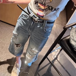 薄款 女装 2024夏季 大码 直筒宽松破洞牛仔裤 胖妹妹mm高腰阔腿七分裤