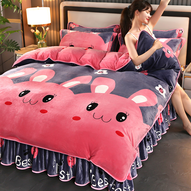 加厚保暖牛奶绒金貂绒冬季四件套珊瑚绒被套花边床单床上用品裙边