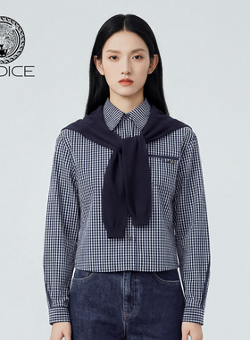 kodice2026春新款蓝色条纹棉质翻领衬衫领巾长袖衬衣上衣气质时尚