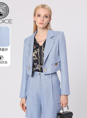 kodice女装蓝色翻领一粒扣短款长袖西装西服外套时尚职场通勤百搭