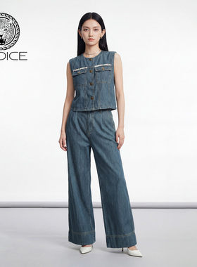 kodice2026春新款蓝色棉质圆领牛仔马甲直筒牛仔裤子两件套装时尚