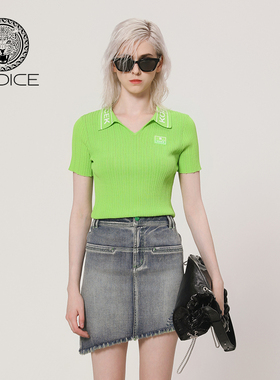 KODICE春夏新款女绿色翻领针织衫T恤短袖修身显瘦上衣休闲时尚