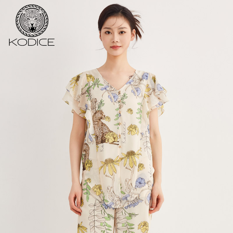 KODICE印花V领衬衫女雪纺衫