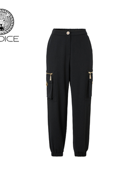 kodice秋冬新款黑色绵羊毛混纺松紧腰休闲裤子工装束脚裤女装裤