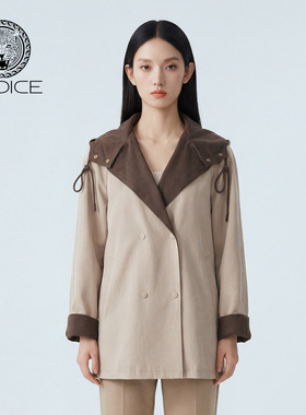 kodice2026春新款拼色连帽双排扣宽松廓形外套时尚气质通勤百搭女