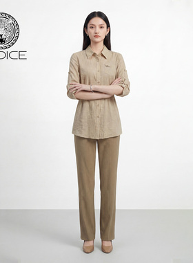 kodice2026春新款卡其色翻领印花衬衫内搭松紧腰直筒裤三件套装女