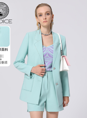 kodice女装绿色V领两粒扣烫钻西装西服宽松外套通勤时尚职场气质
