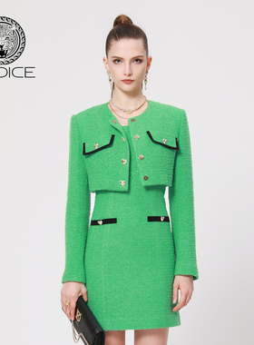 kodice秋冬新款绿色绵羊毛混纺粗花呢超短外套小香风时尚撞色女装