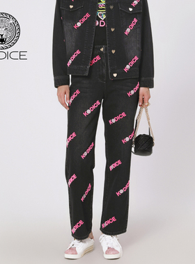 kodice春秋新款黑色棉质高腰直筒牛仔裤子刺绣钉钻时尚百搭女装