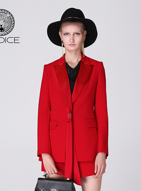 kodice春秋新款红色翻领西装西服外套修身钻饰通勤时尚气质女装