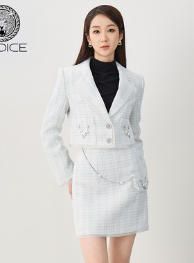 kodice秋冬新品女装白色花纱小香风翻领一粒扣短款外套珍珠链时尚