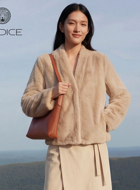 kodice秋冬新款女仿绵羊毛绒外套V领短款简约时尚环葆毛皮草外套