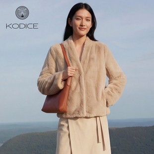 kodice秋冬新款女仿绵羊毛绒外套V领短款简约时尚环葆毛皮草外套