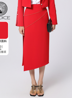 kodice女装春秋新款红色镶钻链条半身裙子开叉不规则中长直筒半裙