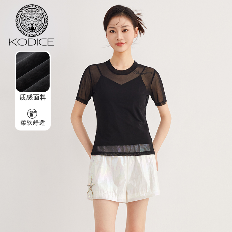 KODICE黑色微透短袖T恤女