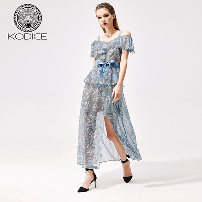 夏季时尚收腰吊带开叉长款连衣裙