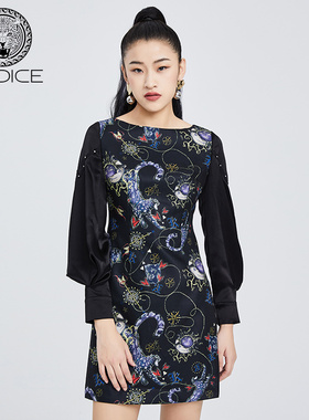 KODICE秋冬新款黑色圆领潮流印花图案长袖灯笼袖连衣裙修身包臀裙
