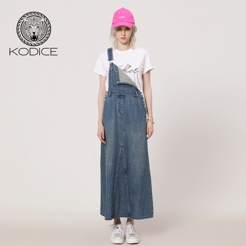 kodice蓝色棉质烫钻牛仔背带裙