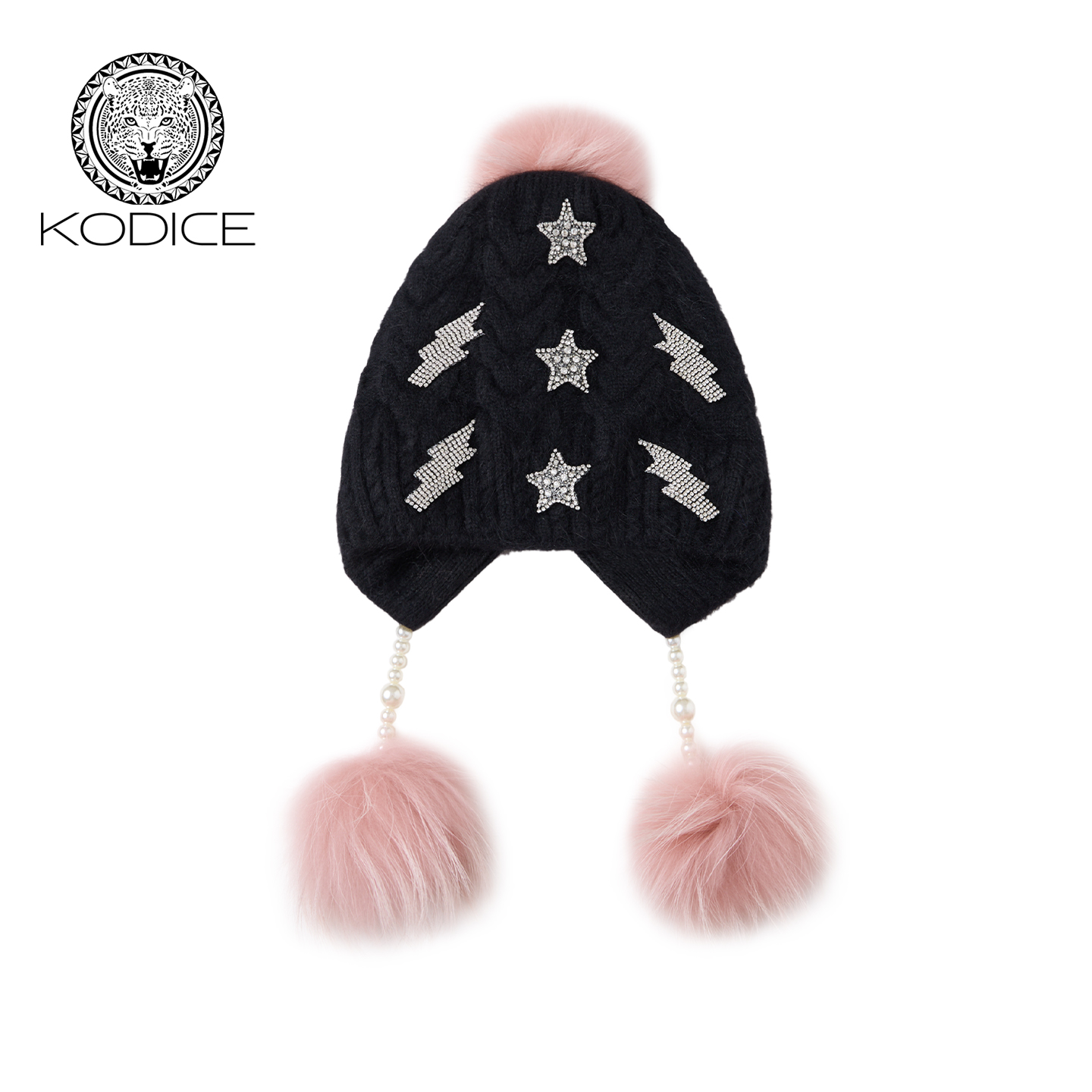 Kodice女黑色兔毛混纺针织帽五角星章仔貉子毛绒球护耳毛线编织帽