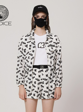 kodice春秋新款白色印花立领拉链外套抽绳收腰时尚休闲百搭女装