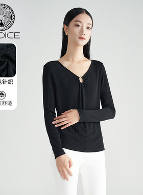 kodice春秋新款女装黑色V领长袖宽松薄款基础款简约打底衫